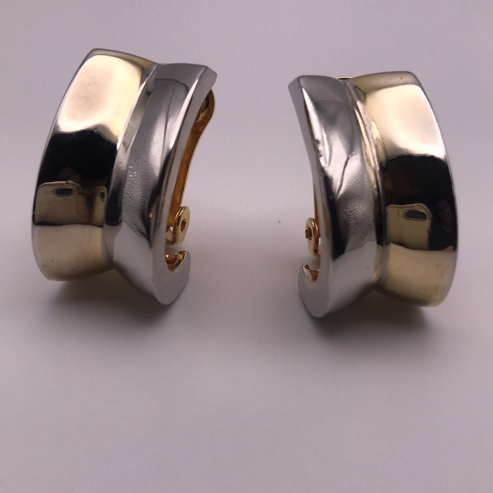 Vintage LANDAU gold & silver tone half hoop clip earrings